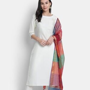 Indian Round Neck 3/4 Sleeve Solid Off White Poly Silk Kurta Size XS Top Only